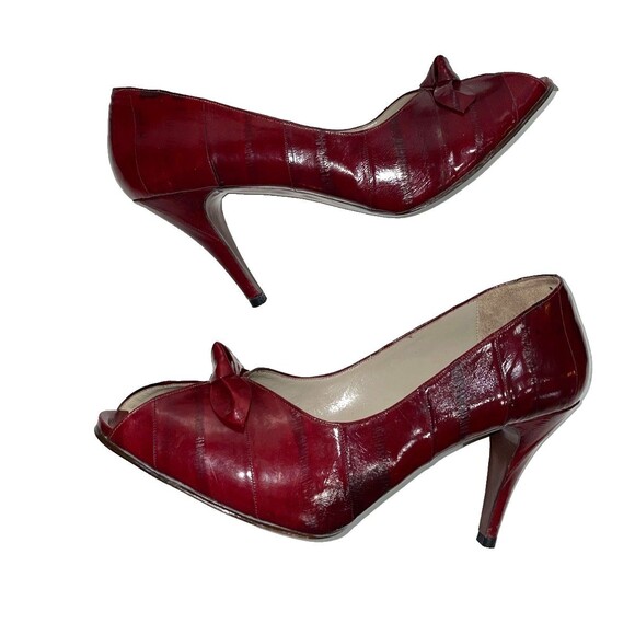 Leather Of The Sea Vintage Women’s Open Toe Heel Pump size 9.5 Burgundy Leather - Picture 7 of 11
